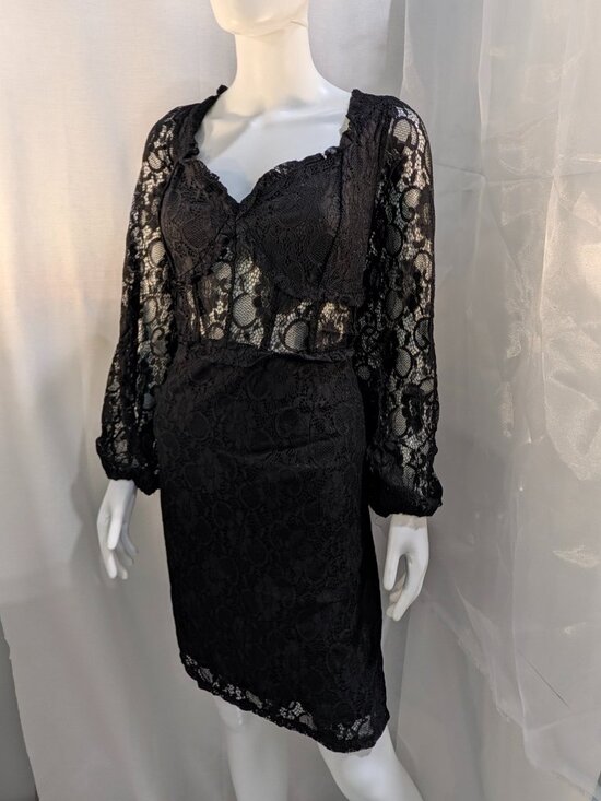 New York & Company Dresses & Skirts - New York & Company Black Lace Dress XXL Sheer Midriff Long Sleeve Cocktail NWOT